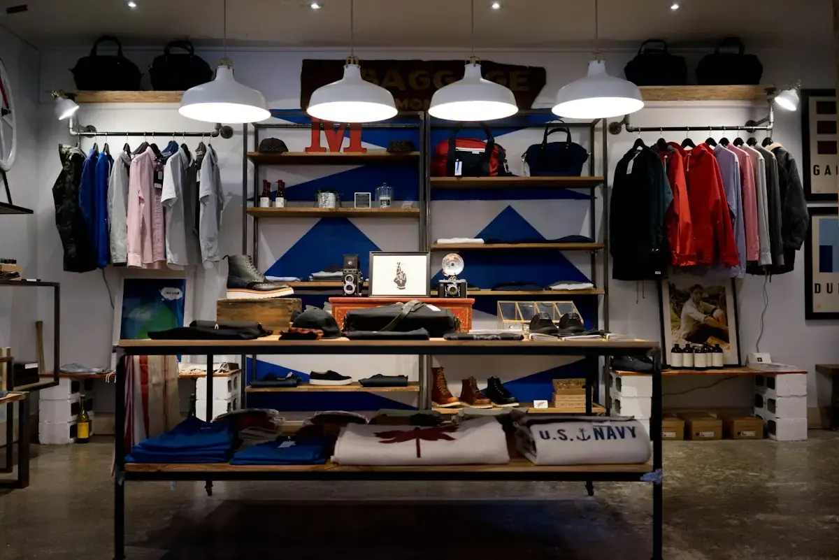 Retail interior with shelving and warm lighting